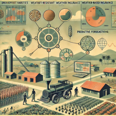 DALL·E 2024-06-21 14.51.20 - A 1960s style illustration with muted colors showing large-scale grain production methods and predictive data models. Include elements such as drought