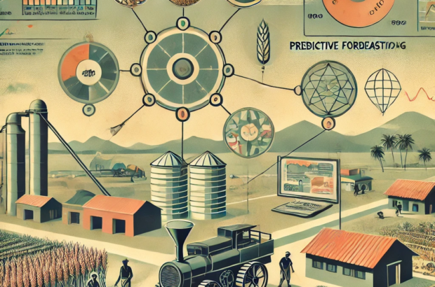 DALL·E 2024-06-21 14.51.20 - A 1960s style illustration with muted colors showing large-scale grain production methods and predictive data models. Include elements such as drought