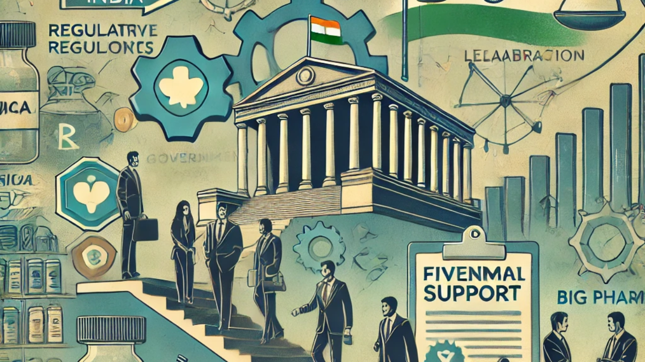 DALL·E 2024-06-21 15.01.16 - A muted colors illustration showing the regulatory and competitive landscape for small pharmaceutical businesses in India. Include elements such as na