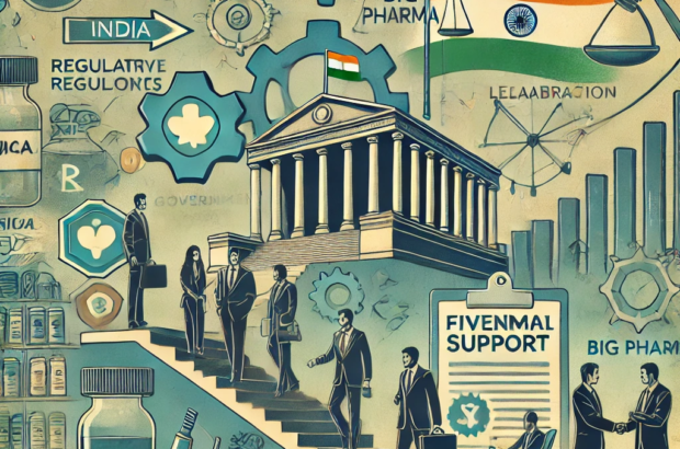 DALL·E 2024-06-21 15.01.16 - A muted colors illustration showing the regulatory and competitive landscape for small pharmaceutical businesses in India. Include elements such as na