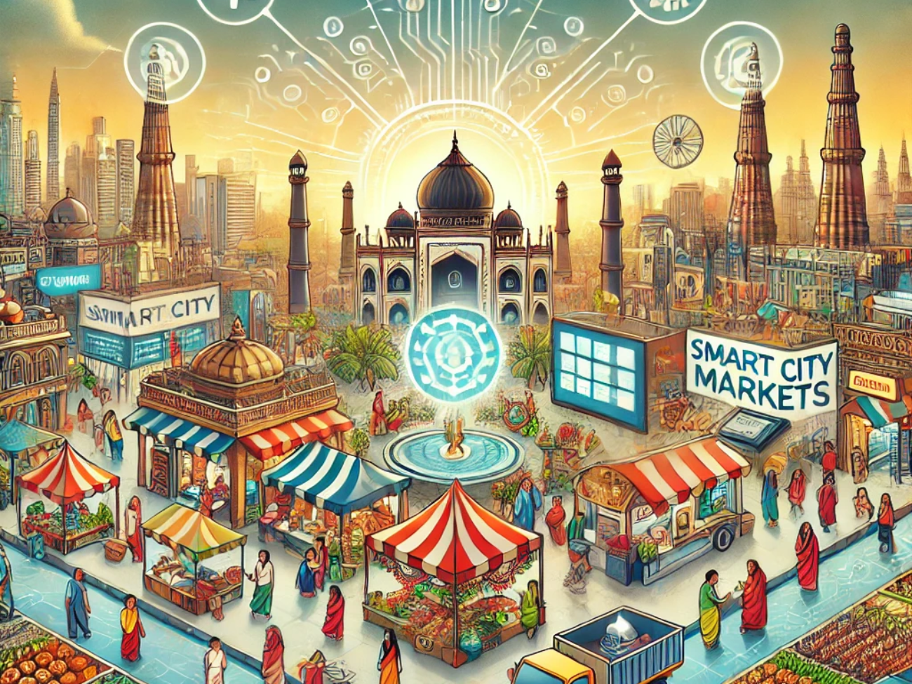 DALL·E 2024-06-21 15.43.56 - A smart illustration depicting the transformation of traditional Indian markets into smart city markets. Include elements such as digital payment syst