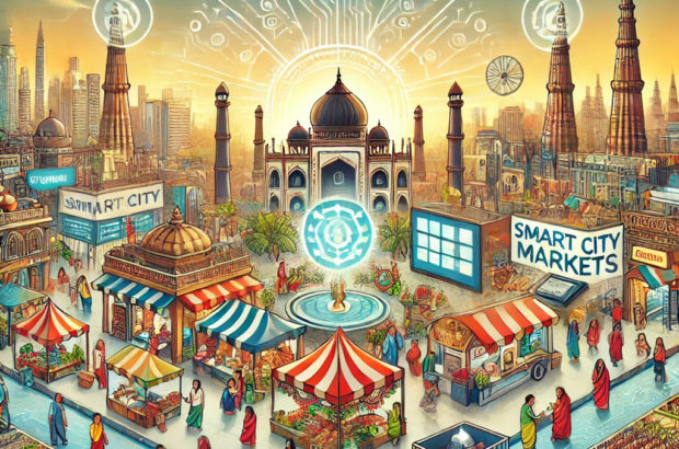 DALL·E 2024-06-21 15.43.56 - A smart illustration depicting the transformation of traditional Indian markets into smart city markets. Include elements such as digital payment syst