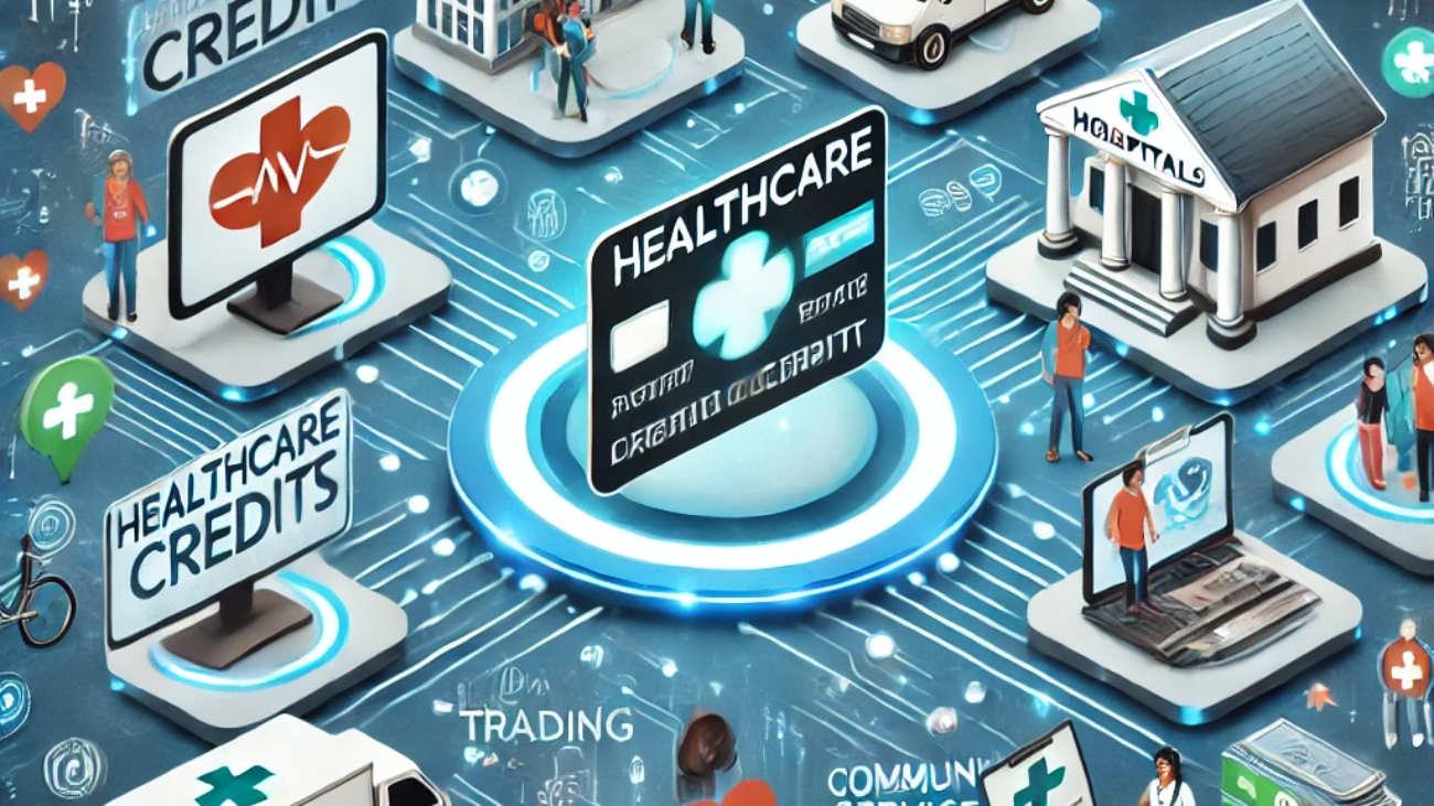 DALL·E 2024-06-21 15.54.14 - A smart illustration depicting a futuristic healthcare credit system in India. Include elements such as healthcare credits, digital trading platforms,