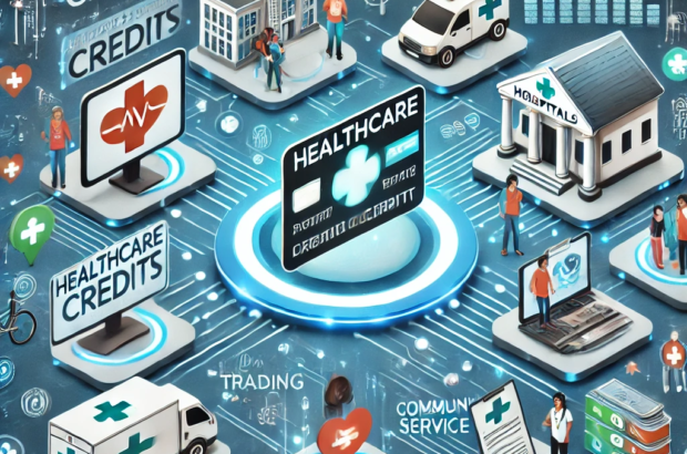 DALL·E 2024-06-21 15.54.14 - A smart illustration depicting a futuristic healthcare credit system in India. Include elements such as healthcare credits, digital trading platforms,