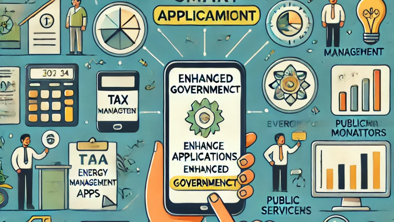 DALL·E 2024-06-21 16.44.33 - A smart illustration depicting the use of mobile applications for enhanced governance in India. Include elements such as digital tax calculators, ener