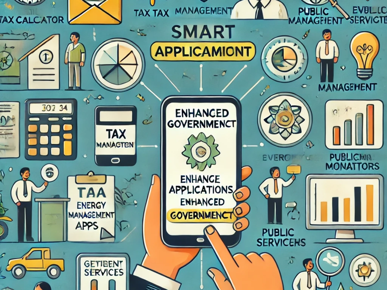 DALL·E 2024-06-21 16.44.33 - A smart illustration depicting the use of mobile applications for enhanced governance in India. Include elements such as digital tax calculators, ener