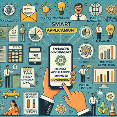DALL·E 2024-06-21 16.44.33 - A smart illustration depicting the use of mobile applications for enhanced governance in India. Include elements such as digital tax calculators, ener