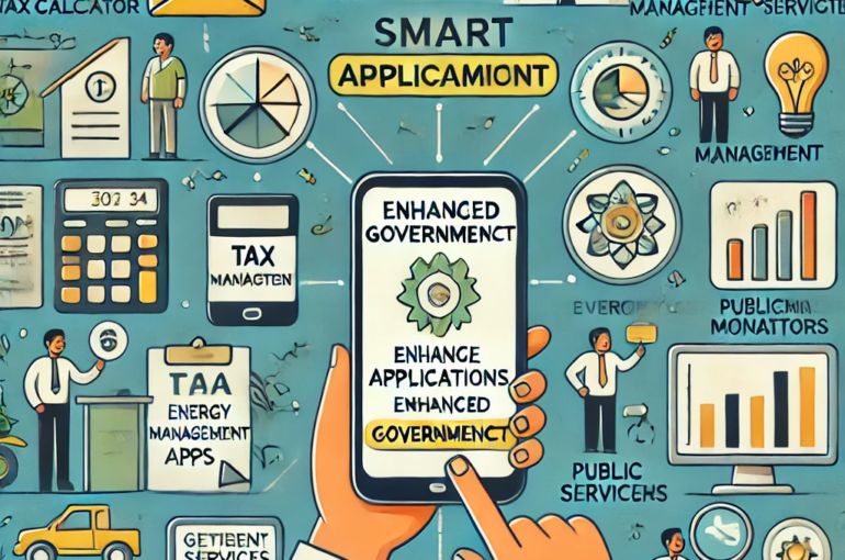 DALL·E 2024-06-21 16.44.33 - A smart illustration depicting the use of mobile applications for enhanced governance in India. Include elements such as digital tax calculators, ener