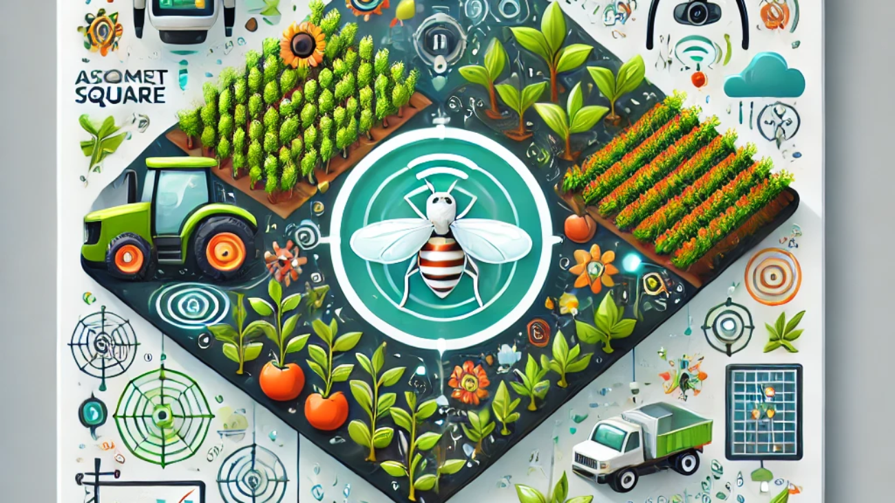 DALL·E 2024-06-21 17.34.55 - A smart square illustration depicting autonomous pest management in agriculture. Include elements such as drones, sensors, and robots monitoring crops