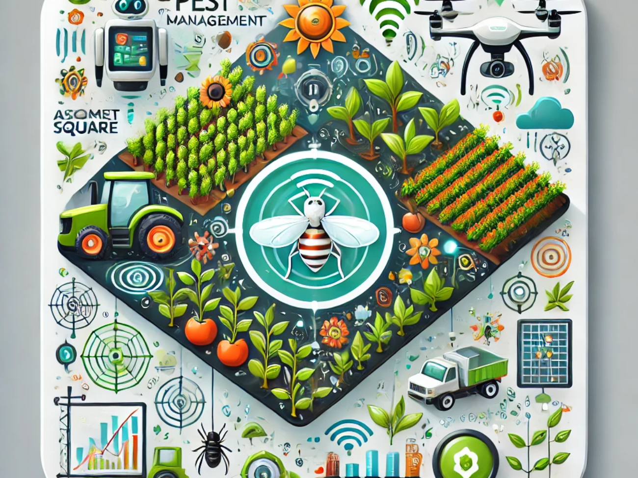 DALL·E 2024-06-21 17.34.55 - A smart square illustration depicting autonomous pest management in agriculture. Include elements such as drones, sensors, and robots monitoring crops