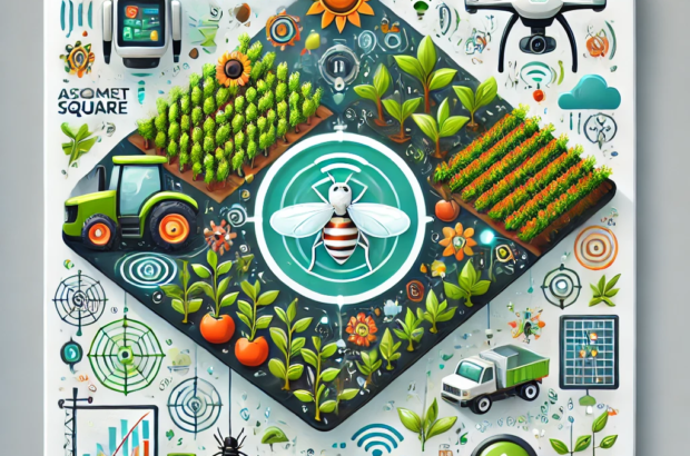 DALL·E 2024-06-21 17.34.55 - A smart square illustration depicting autonomous pest management in agriculture. Include elements such as drones, sensors, and robots monitoring crops