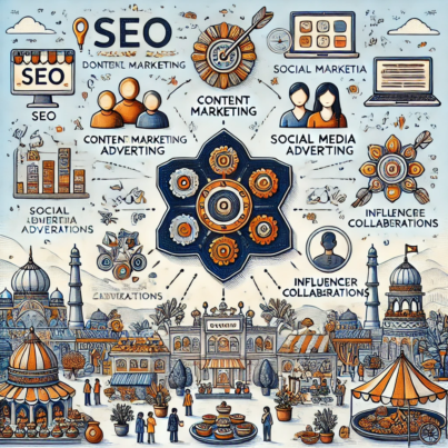 DALL·E 2024-06-21 17.45.59 - A smart square illustration depicting effective digital marketing strategies for a local handicrafts business to expand. Include elements such as SEO,