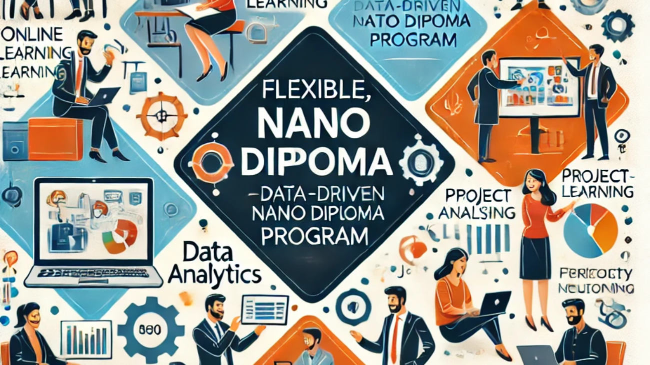 DALL·E 2024-06-21 17.55.33 - A smart square illustration depicting professionals engaging in a flexible, data-driven nano diploma program. Include elements such as online learning