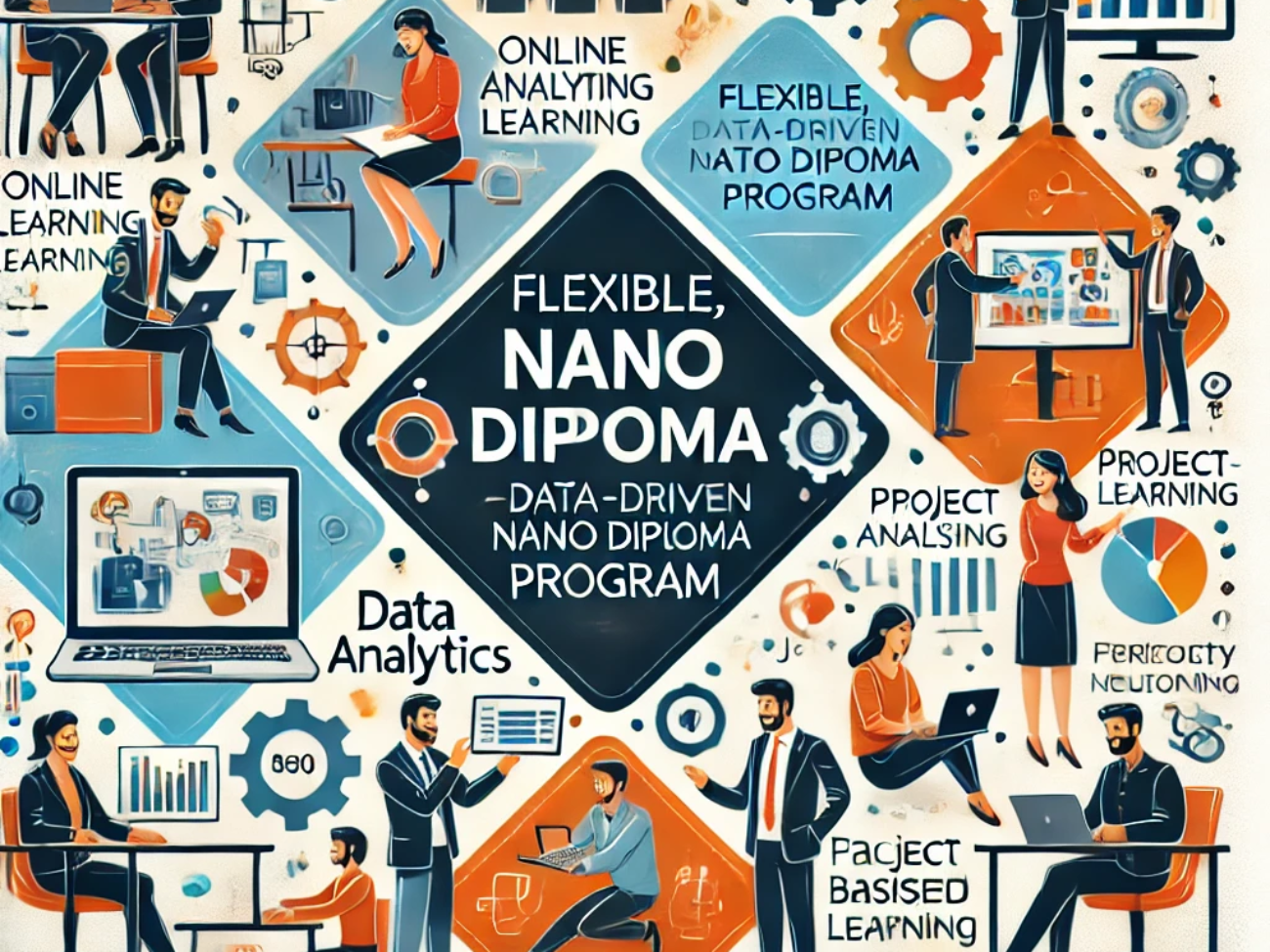 DALL·E 2024-06-21 17.55.33 - A smart square illustration depicting professionals engaging in a flexible, data-driven nano diploma program. Include elements such as online learning