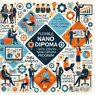 DALL·E 2024-06-21 17.55.33 - A smart square illustration depicting professionals engaging in a flexible, data-driven nano diploma program. Include elements such as online learning