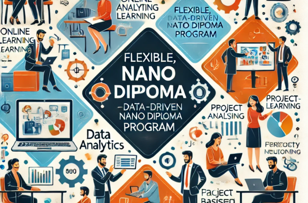 DALL·E 2024-06-21 17.55.33 - A smart square illustration depicting professionals engaging in a flexible, data-driven nano diploma program. Include elements such as online learning