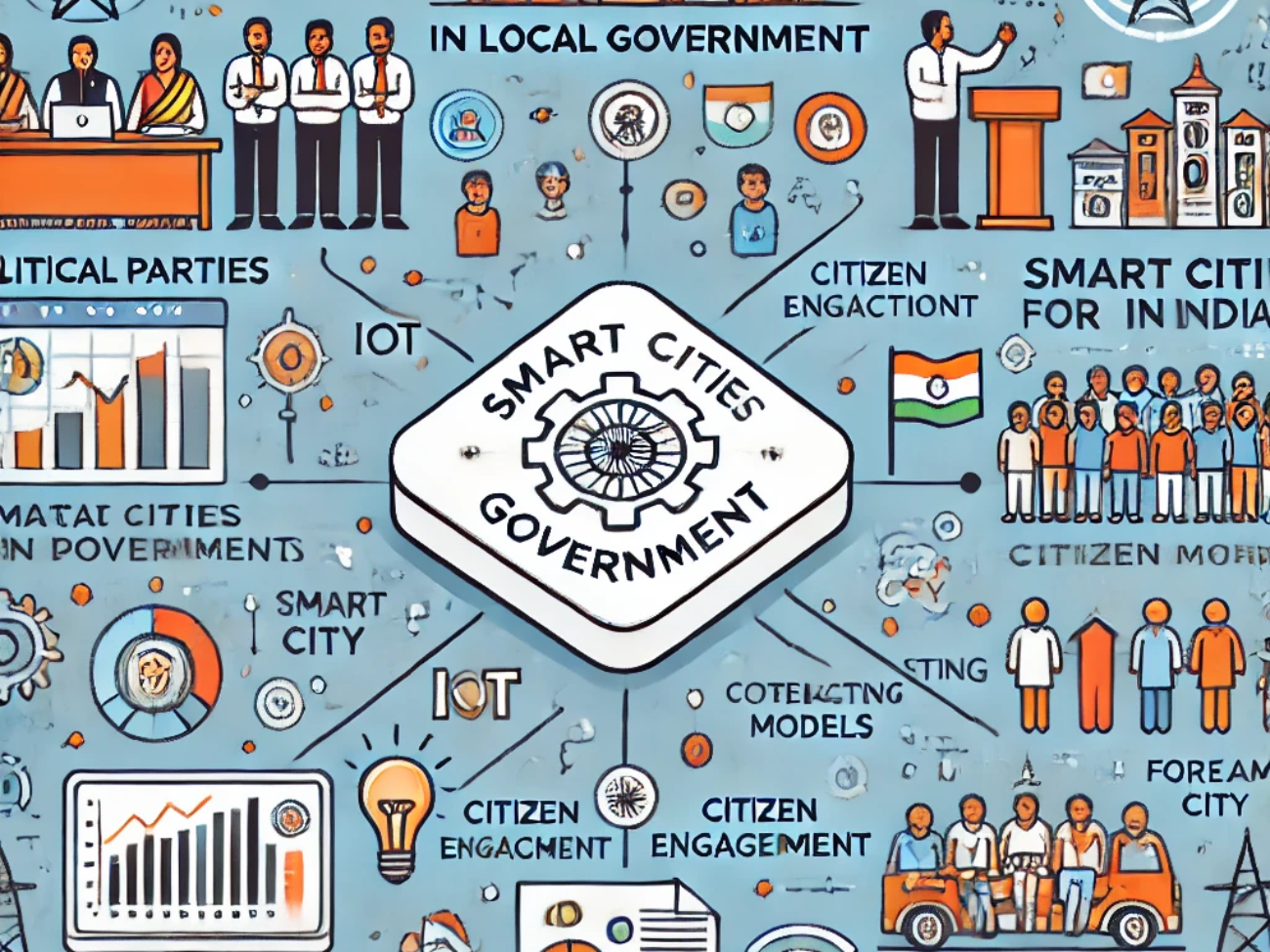 DALL·E 2024-06-21 18.08.52 - A smart square illustration showing political parties in local governments for smart cities in India using data-driven approaches. Include elements su