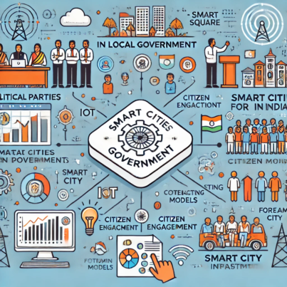 DALL·E 2024-06-21 18.08.52 - A smart square illustration showing political parties in local governments for smart cities in India using data-driven approaches. Include elements su