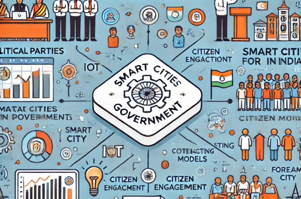 DALL·E 2024-06-21 18.08.52 - A smart square illustration showing political parties in local governments for smart cities in India using data-driven approaches. Include elements su