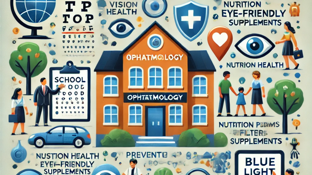 DALL·E 2024-06-21 18.23.12 - A smart square illustration showing government and community actions for preventive ophthalmology care for children. Include elements such as school e