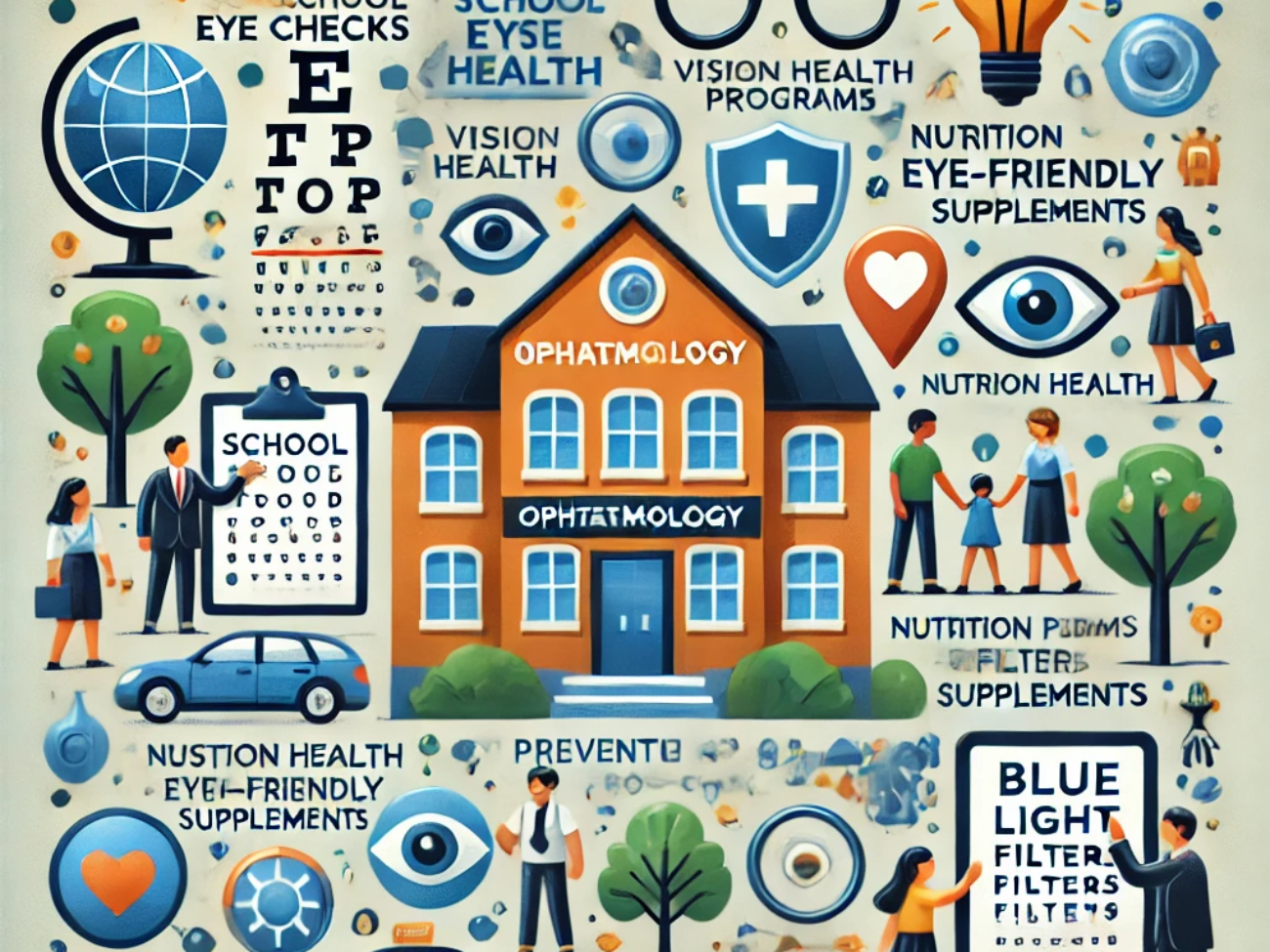 DALL·E 2024-06-21 18.23.12 - A smart square illustration showing government and community actions for preventive ophthalmology care for children. Include elements such as school e
