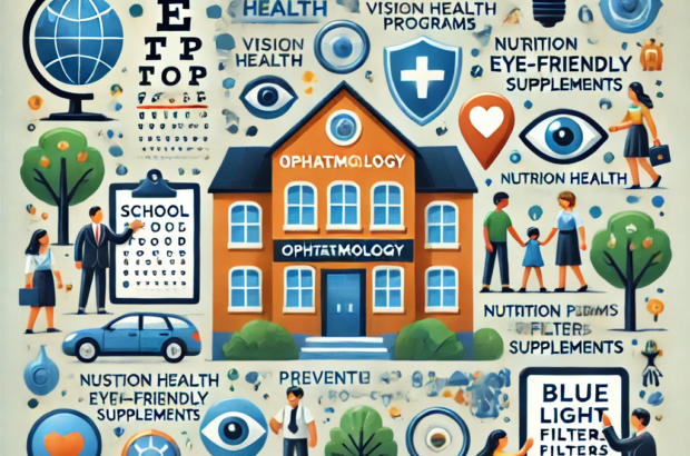 DALL·E 2024-06-21 18.23.12 - A smart square illustration showing government and community actions for preventive ophthalmology care for children. Include elements such as school e