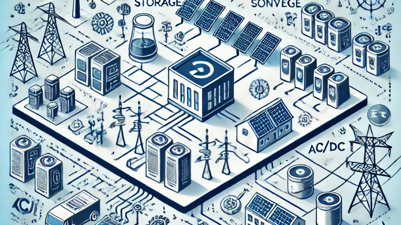 DALL·E 2024-06-21 18.46.02 - A smart square illustration depicting the integration of renewable energy storage with the main grid. Include elements such as bidirectional converter