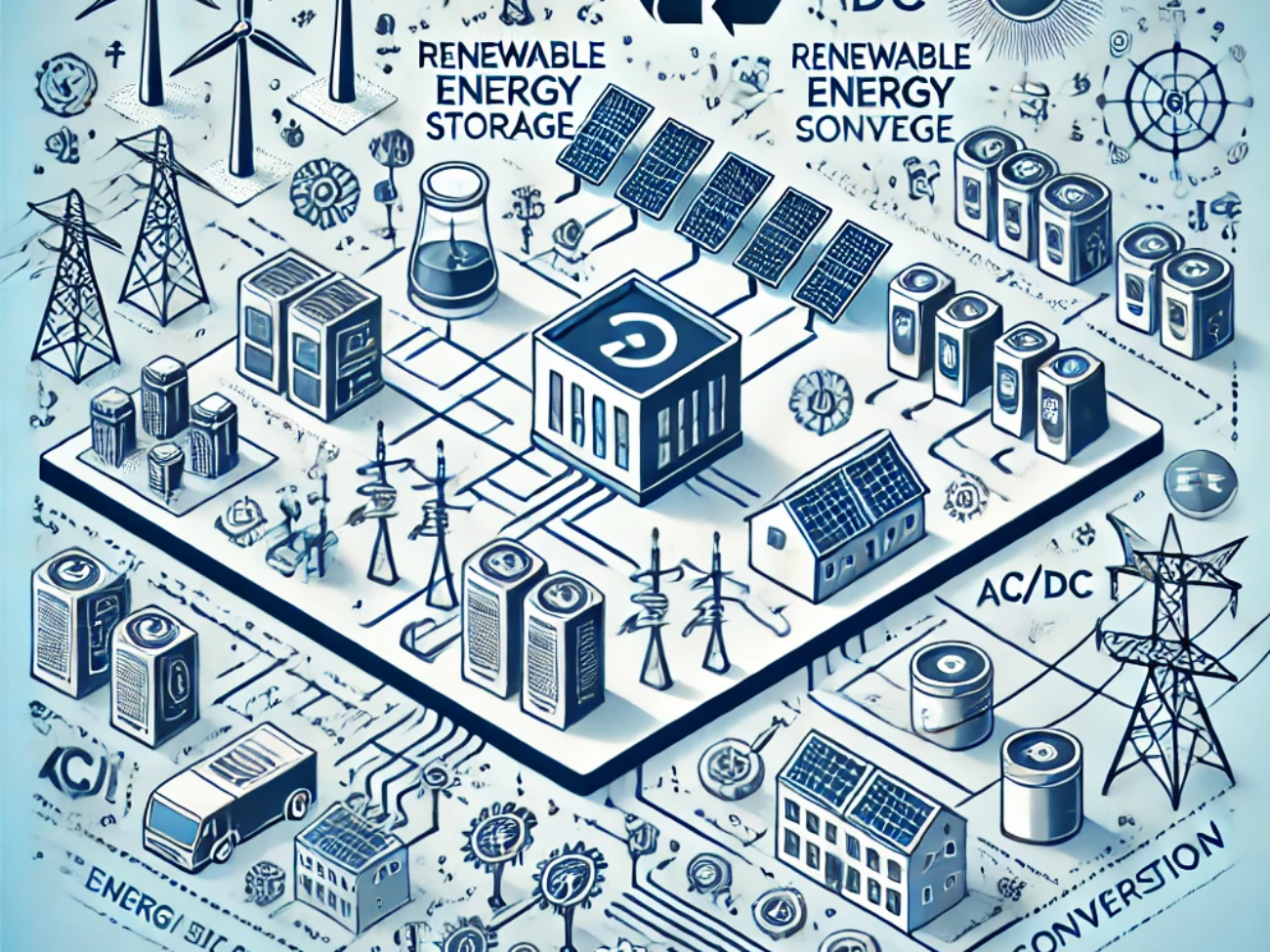 DALL·E 2024-06-21 18.46.02 - A smart square illustration depicting the integration of renewable energy storage with the main grid. Include elements such as bidirectional converter