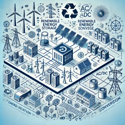 DALL·E 2024-06-21 18.46.02 - A smart square illustration depicting the integration of renewable energy storage with the main grid. Include elements such as bidirectional converter