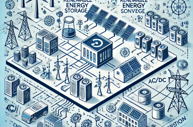 DALL·E 2024-06-21 18.46.02 - A smart square illustration depicting the integration of renewable energy storage with the main grid. Include elements such as bidirectional converter