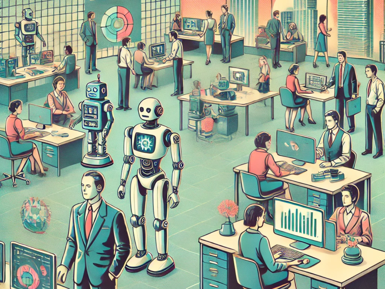 DALL·E 2024-06-25 09.14.18 - 1980s style illustration showing a corporate setting adapting to the future of labor with AI and robotics. The scene features a modern office environm