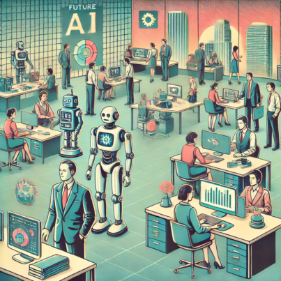 DALL·E 2024-06-25 09.14.18 - 1980s style illustration showing a corporate setting adapting to the future of labor with AI and robotics. The scene features a modern office environm