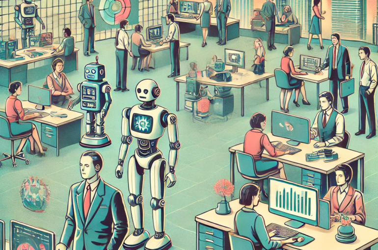 DALL·E 2024-06-25 09.14.18 - 1980s style illustration showing a corporate setting adapting to the future of labor with AI and robotics. The scene features a modern office environm