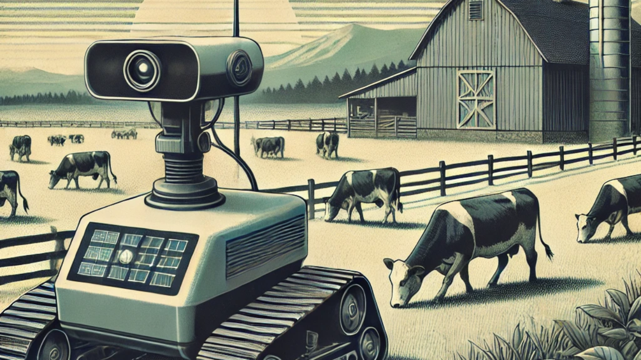 DALL·E 2024-06-25 09.19.02 - 1970s style illustration depicting a robotic system monitoring livestock on a farm. The scene features a robotic device equipped with sensors navigati