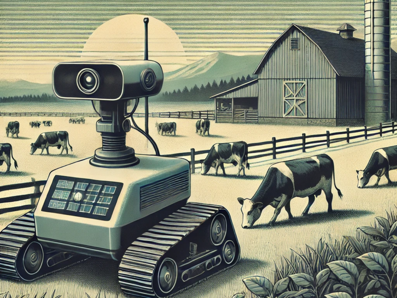 DALL·E 2024-06-25 09.19.02 - 1970s style illustration depicting a robotic system monitoring livestock on a farm. The scene features a robotic device equipped with sensors navigati