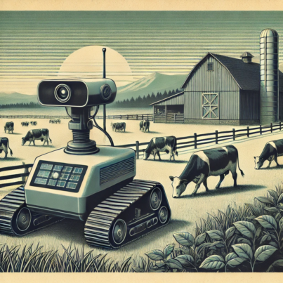 DALL·E 2024-06-25 09.19.02 - 1970s style illustration depicting a robotic system monitoring livestock on a farm. The scene features a robotic device equipped with sensors navigati