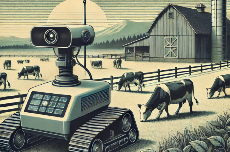 DALL·E 2024-06-25 09.19.02 - 1970s style illustration depicting a robotic system monitoring livestock on a farm. The scene features a robotic device equipped with sensors navigati