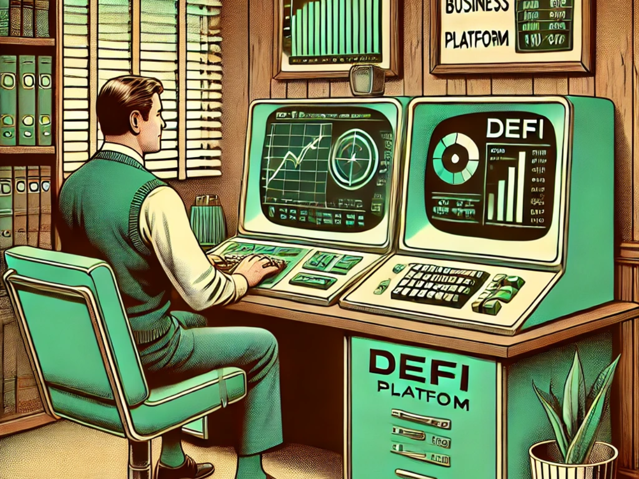 DALL·E 2024-06-25 09.23.53 - 1960s style illustration showing a small business owner using a futuristic DeFi platform on a vintage computer. The scene captures a cozy office setti