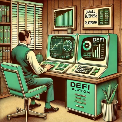 DALL·E 2024-06-25 09.23.53 - 1960s style illustration showing a small business owner using a futuristic DeFi platform on a vintage computer. The scene captures a cozy office setti