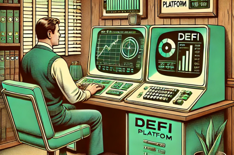 DALL·E 2024-06-25 09.23.53 - 1960s style illustration showing a small business owner using a futuristic DeFi platform on a vintage computer. The scene captures a cozy office setti