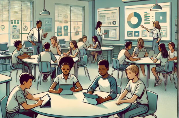 DALL·E 2024-06-25 09.31.11 - 1990s style illustration showing a group of diverse students engaged in a peer-to-peer learning session in a modern, decentralized classroom setting.