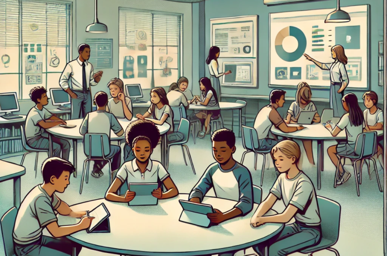 DALL·E 2024-06-25 09.31.11 - 1990s style illustration showing a group of diverse students engaged in a peer-to-peer learning session in a modern, decentralized classroom setting.