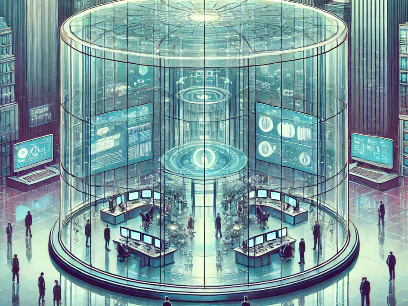 DALL·E 2024-06-25 09.36.37 - 1980s style illustration showing a transparent governance center in a smart city, depicted in a futuristic 1980s vision. The center features large, cl