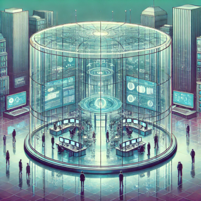 DALL·E 2024-06-25 09.36.37 - 1980s style illustration showing a transparent governance center in a smart city, depicted in a futuristic 1980s vision. The center features large, cl