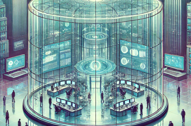 DALL·E 2024-06-25 09.36.37 - 1980s style illustration showing a transparent governance center in a smart city, depicted in a futuristic 1980s vision. The center features large, cl