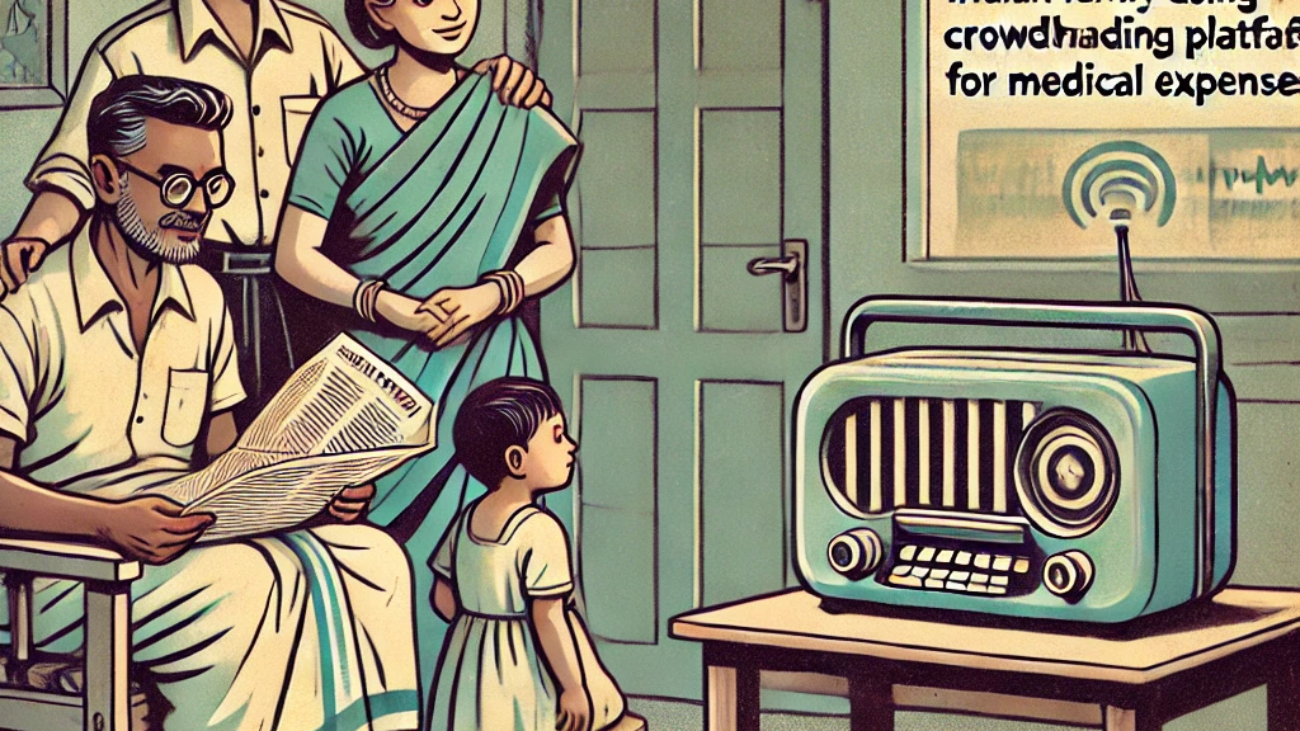 DALL·E 2024-06-25 09.43.01 - 1950s style illustration depicting an Indian family using a crowdfunding platform for medical expenses. The scene shows a small family in a modest hom