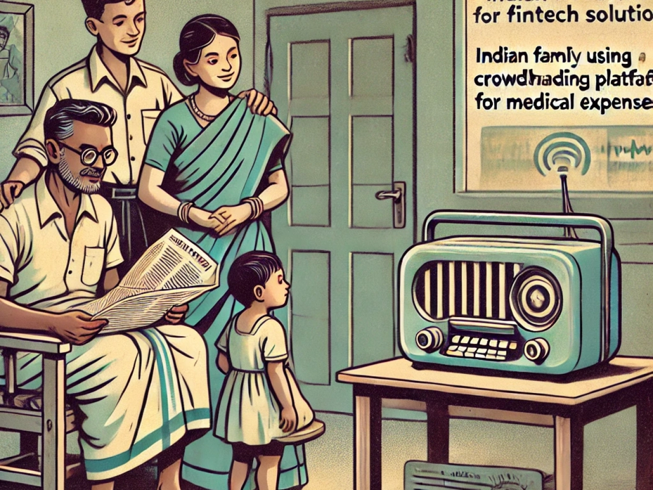 DALL·E 2024-06-25 09.43.01 - 1950s style illustration depicting an Indian family using a crowdfunding platform for medical expenses. The scene shows a small family in a modest hom