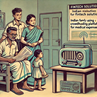 DALL·E 2024-06-25 09.43.01 - 1950s style illustration depicting an Indian family using a crowdfunding platform for medical expenses. The scene shows a small family in a modest hom