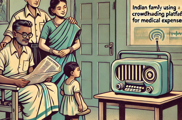 DALL·E 2024-06-25 09.43.01 - 1950s style illustration depicting an Indian family using a crowdfunding platform for medical expenses. The scene shows a small family in a modest hom