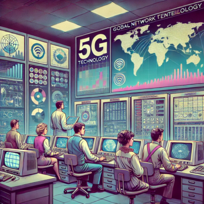 DALL·E 2024-06-25 11.44.12 - 1980s style illustration depicting a high-tech telecommunications control room powered by 5G technology. The room is filled with large screens display